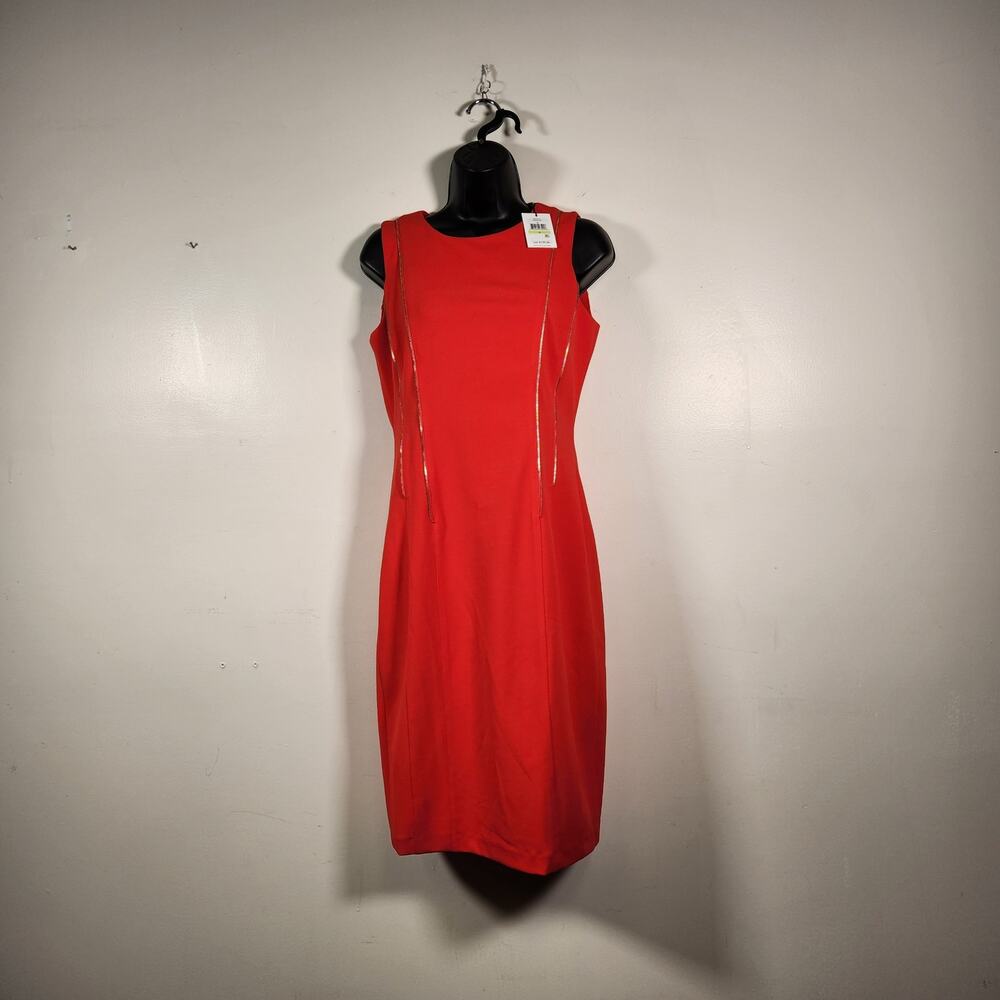 CALVIN KLEIN Knee Length Sleeveless Dress Women‎ 4 Tango Red Gold Zipper Career
